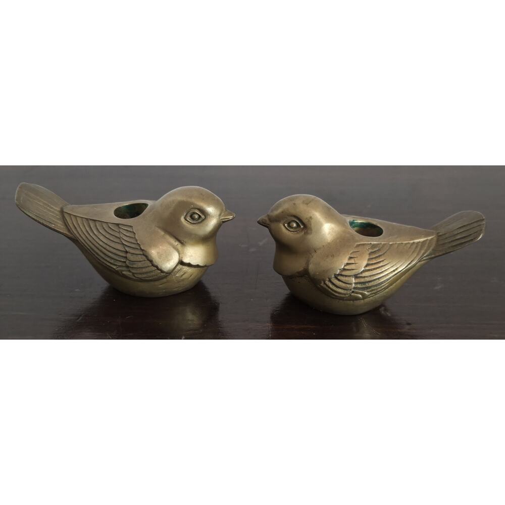 Pair Of Two Vintage Bird Candle Holders Brass Sparrow Chick Holds A 1/2" Taper